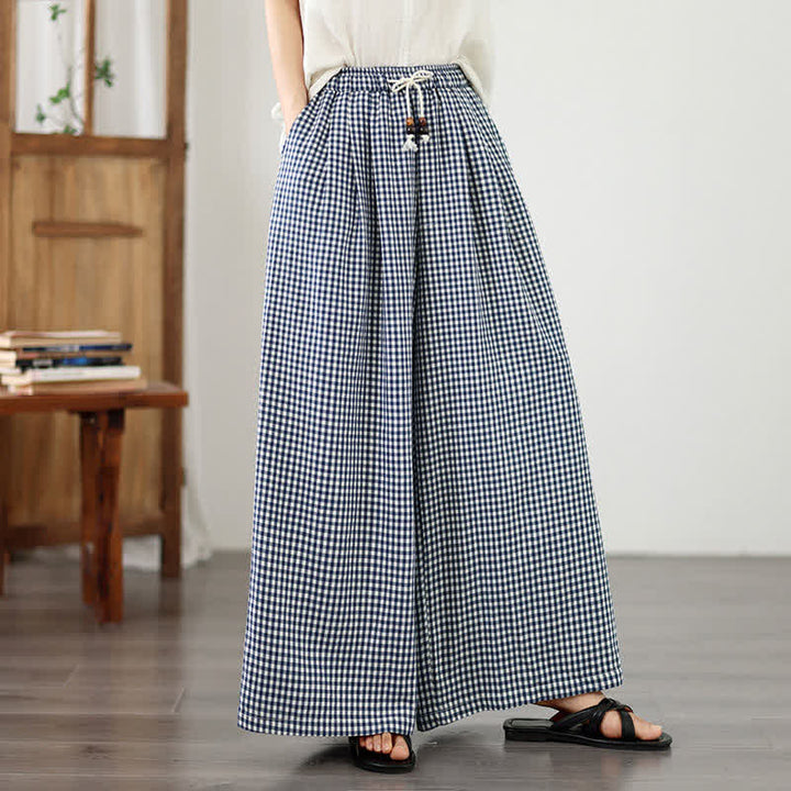 Buddha Stones Pantalones cortos de tobillo a cuadros con cordón ajustable, estilo casual de verano para mujer, de pierna ancha y con bolsillo. - image 2