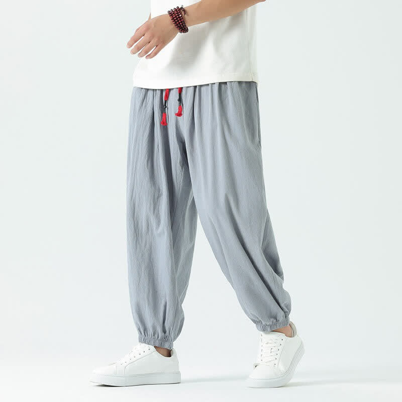 Buddha Stones Pantalones cortos de algodón liso estilo boho con cordón ajustable, estilo harem para hombre, con bolsillo. - Azul acero claro - US/UK/AU46, EU56 (5XL) - image 0