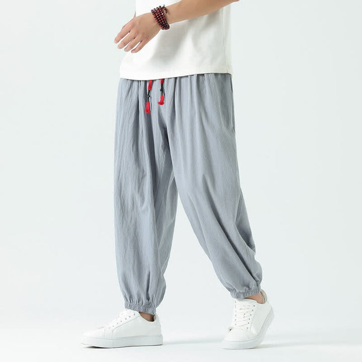 Buddha Stones Pantalones cortos de algodón liso estilo boho con cordón ajustable, estilo harem para hombre, con bolsillo. - Azul acero claro - US/UK/AU46, EU56 (5XL) - image 0