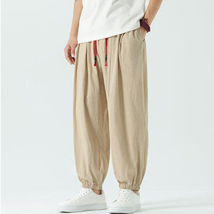Buddha Stones Pantalones cortos de algodón liso estilo boho con cordón ajustable, estilo harem para hombre, con bolsillo. - image 26