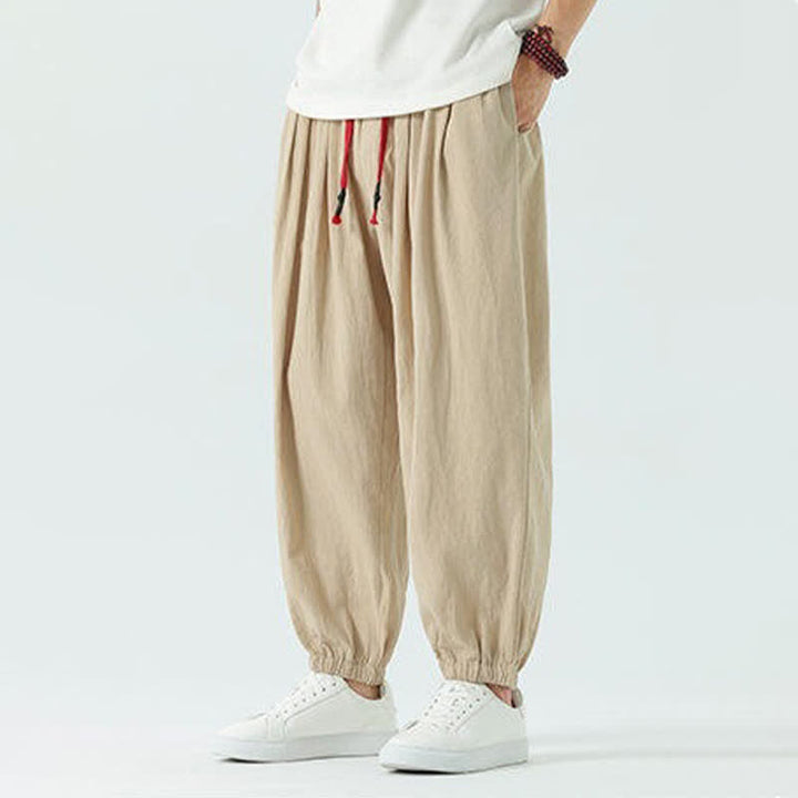 Buddha Stones Pantalones cortos de algodón liso estilo boho con cordón ajustable, estilo harem para hombre, con bolsillo. - image 25