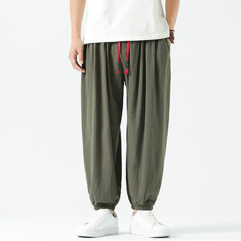 Buddha Stones Pantalones cortos de algodón liso estilo boho con cordón ajustable, estilo harem para hombre, con bolsillo. - image 29