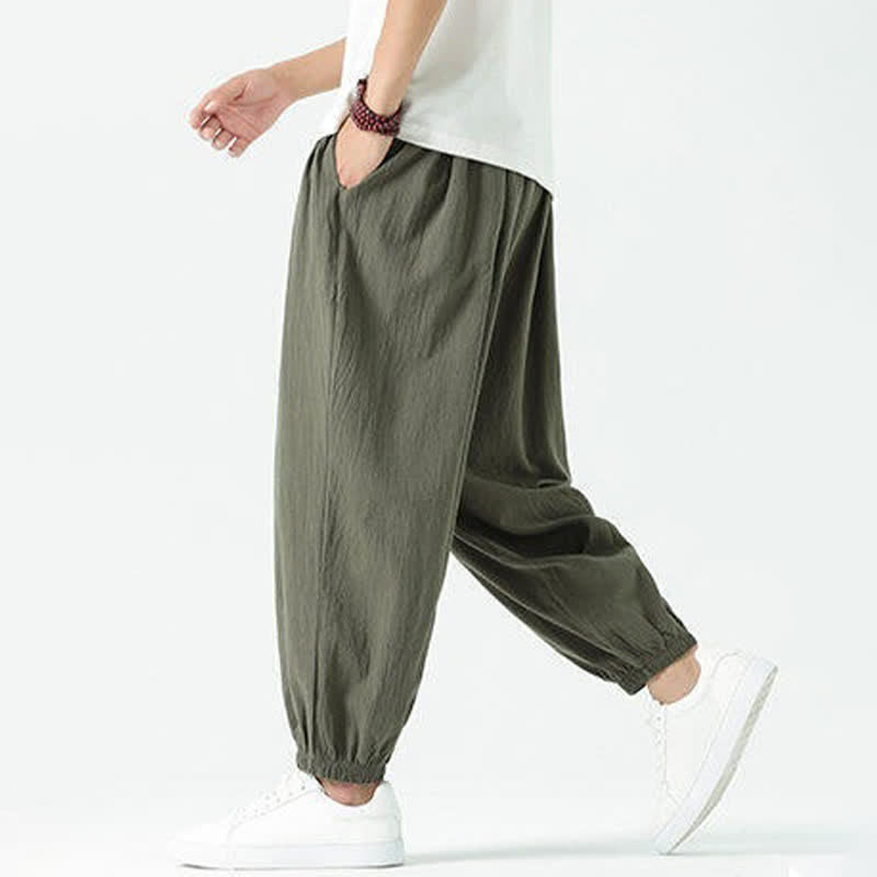 Buddha Stones Pantalones cortos de algodón liso estilo boho con cordón ajustable, estilo harem para hombre, con bolsillo. - image 33
