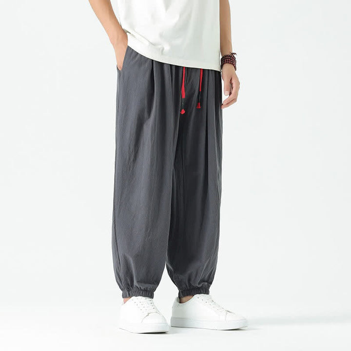Buddha Stones Pantalones cortos de algodón liso estilo boho con cordón ajustable, estilo harem para hombre, con bolsillo. - image 40