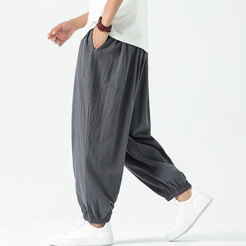 Buddha Stones Pantalones cortos de algodón liso estilo boho con cordón ajustable, estilo harem para hombre, con bolsillo. - image 38