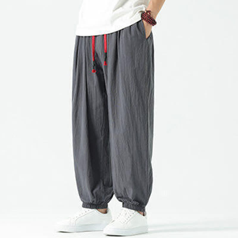 Buddha Stones Pantalones cortos de algodón liso estilo boho con cordón ajustable, estilo harem para hombre, con bolsillo. - image 41