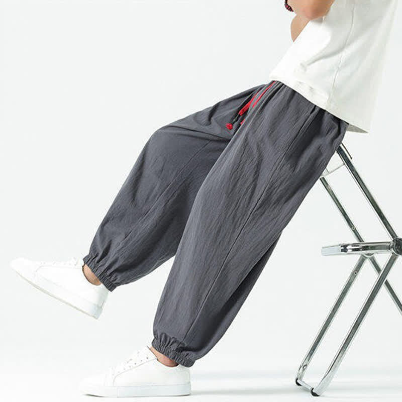 Buddha Stones Pantalones cortos de algodón liso estilo boho con cordón ajustable, estilo harem para hombre, con bolsillo. - image 44
