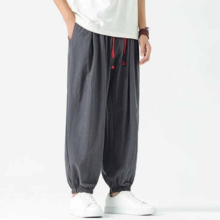 Buddha Stones Pantalones cortos de algodón liso estilo boho con cordón ajustable, estilo harem para hombre, con bolsillo. - image 43