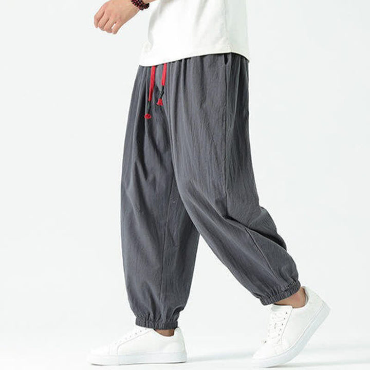 Buddha Stones Pantalones cortos de algodón liso estilo boho con cordón ajustable, estilo harem para hombre, con bolsillo. - Gris oscuro - US/UK/AU46, EU56 (5XL) - image 35
