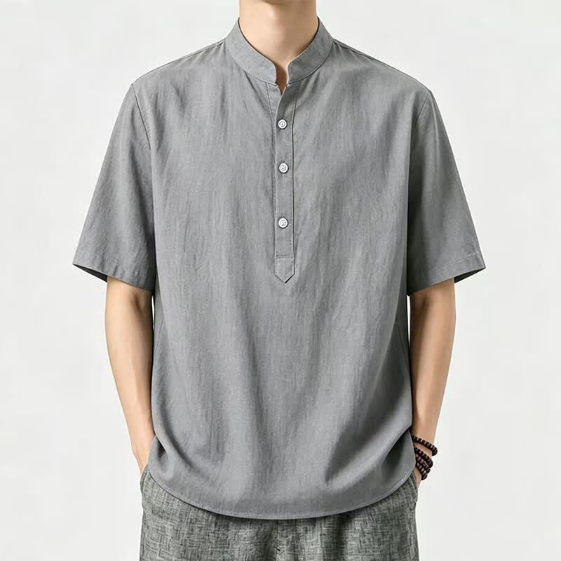 Buddha Stones Camisas de manga corta para hombre, estilo casual de verano, con cuello mandarín y color liso. - Gris - US/UK/AU46, EU56 (5XL) - image 4