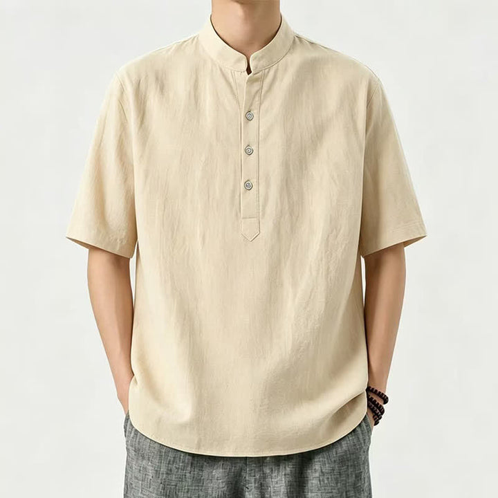Buddha Stones Camisas de manga corta para hombre, estilo casual de verano, con cuello mandarín y color liso. - Caqui - US/UK/AU46, EU56 (5XL) - image 0
