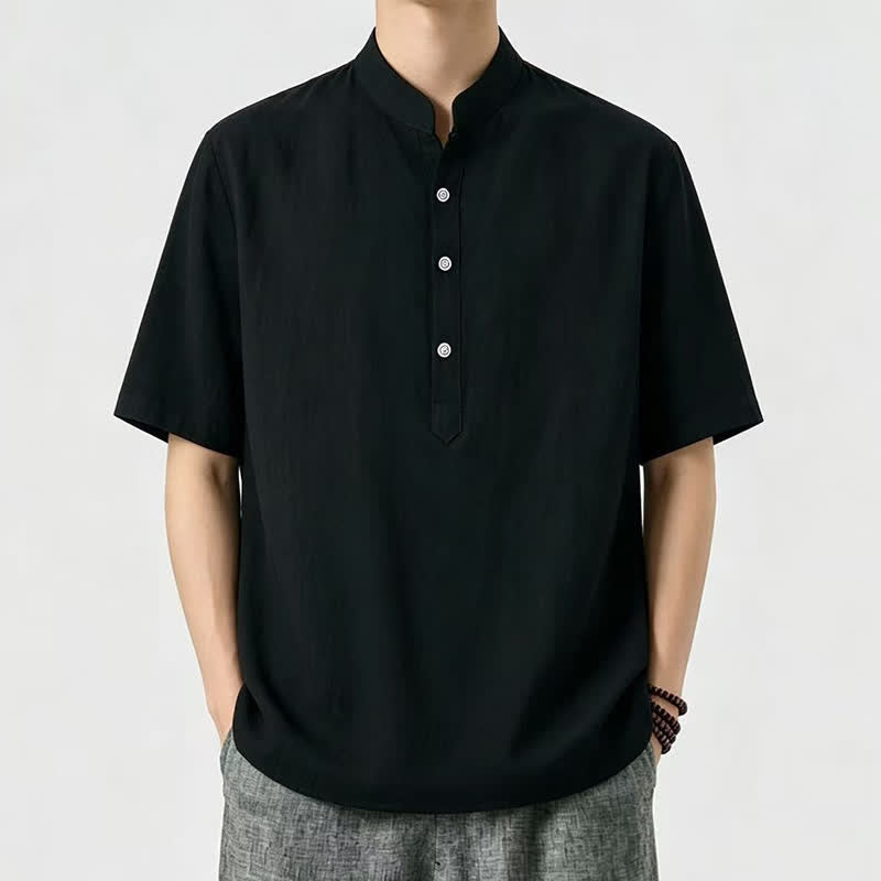 Buddha Stones Camisas de manga corta para hombre, estilo casual de verano, con cuello mandarín y color liso. - Negro - US/UK/AU46, EU56 (5XL) - image 2