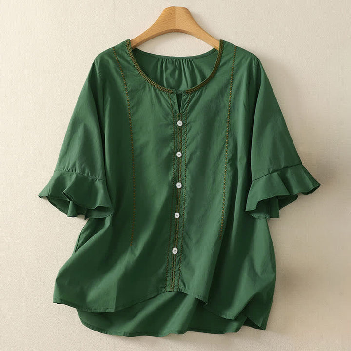 Buddha Stones Camisa de manga corta para mujer, estilo bohemio casual de verano, con botones, color liso y volantes, manga acampanada. - Verde bosque - US12, UK/AU16, EU44 (2XL) - image 0