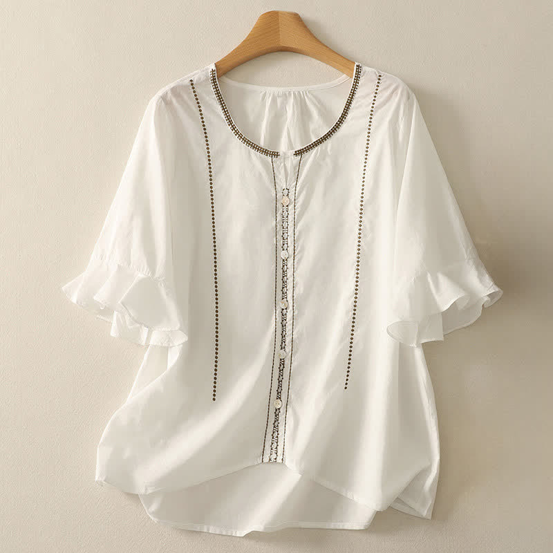 Buddha Stones Camisa de manga corta para mujer, estilo bohemio casual de verano, con botones, color liso y volantes, manga acampanada. - Blanco - US12, UK/AU16, EU44 (2XL) - image 16