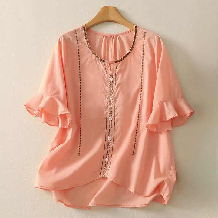 Buddha Stones Camisa de manga corta para mujer, estilo bohemio casual de verano, con botones, color liso y volantes, manga acampanada. - Salmón claro - US12, UK/AU16, EU44 (2XL) - image 10