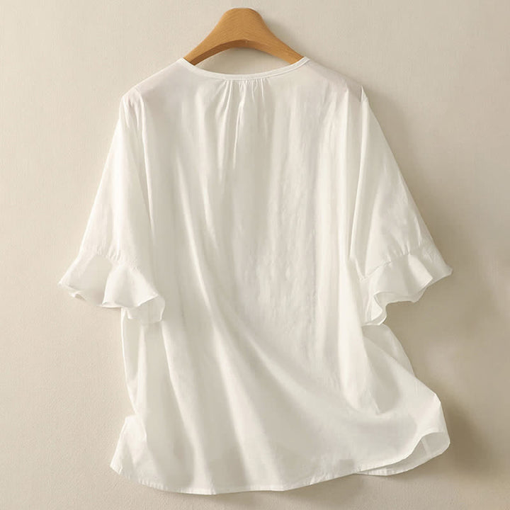 Buddha Stones Camisa de manga corta para mujer, estilo bohemio casual de verano, con botones, color liso y volantes, manga acampanada. - image 17