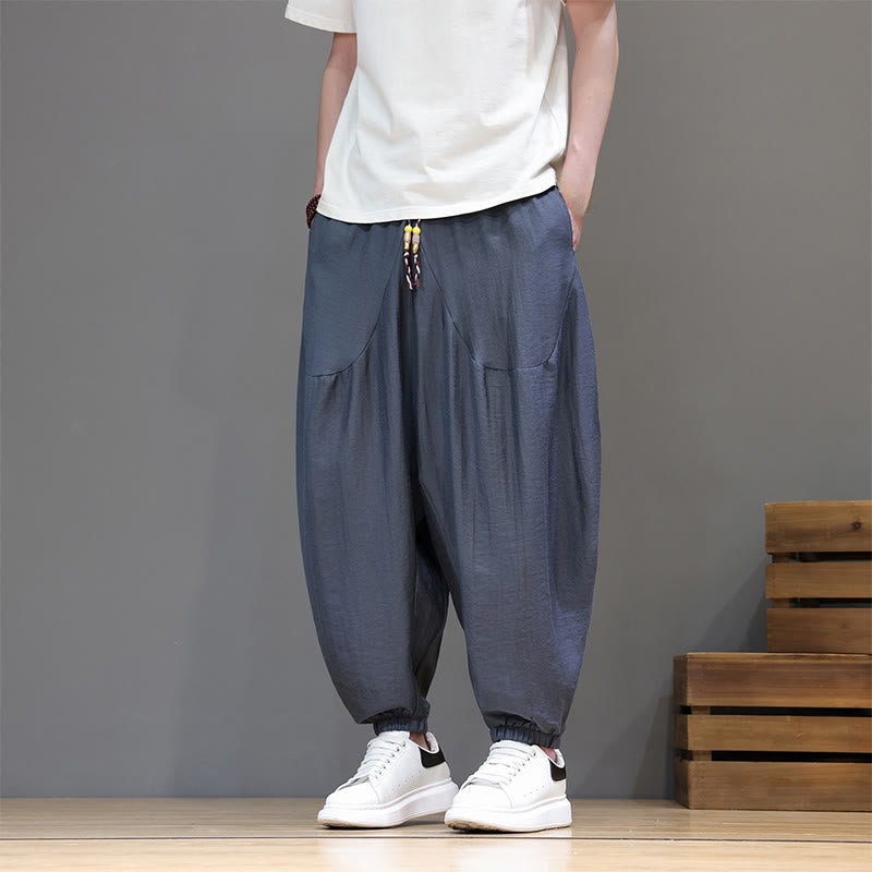 Buddha Stones Pantalones cortos de algodón liso estilo vintage con cordón ajustable, estilo harem para hombre, con bolsillo. - image 1