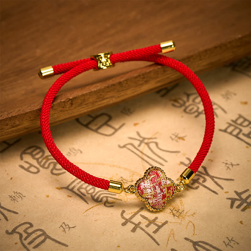 Buddha Stones Pulsera de la suerte con brocado de trébol de cuatro hojas y canción de hilo rojo - image 3