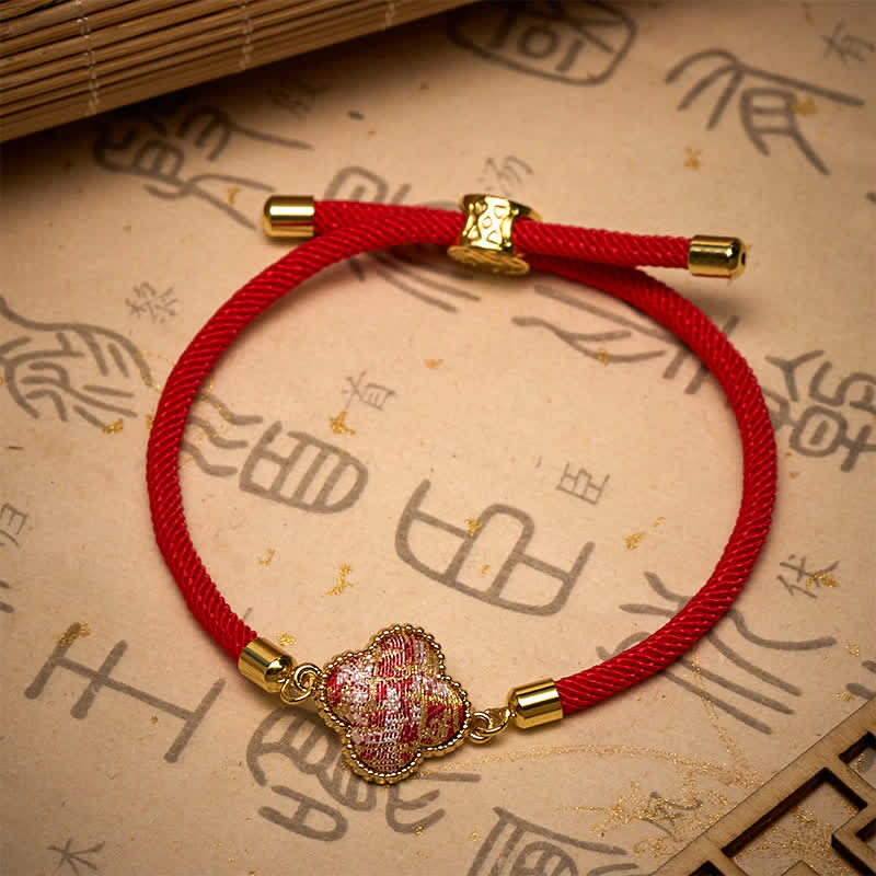 Buddha Stones Pulsera de la suerte con brocado de trébol de cuatro hojas y canción de hilo rojo - image 2