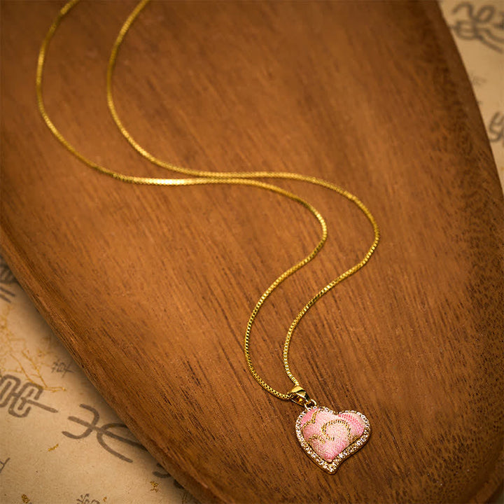 Buddha Stones Collar de conexión armónica con corazón giratorio de cobre y trébol de cuatro hojas incrustado en brocado rosa. - image 11