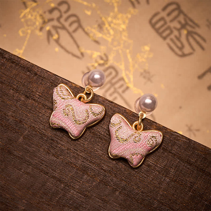 Buddha Stones Pendientes de estilo chino vintage con perlas brocadas y mariposas, diseño Song Brocade, estilo vintage. - Mariposa (mismo tono de color, el estampado varía) - image 0