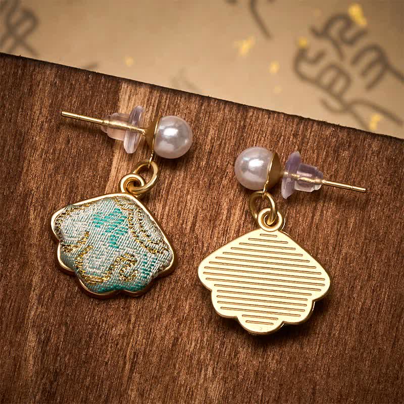 Buddha Stones Pendientes chinos de perlas con brocado en forma de hoja - image 4