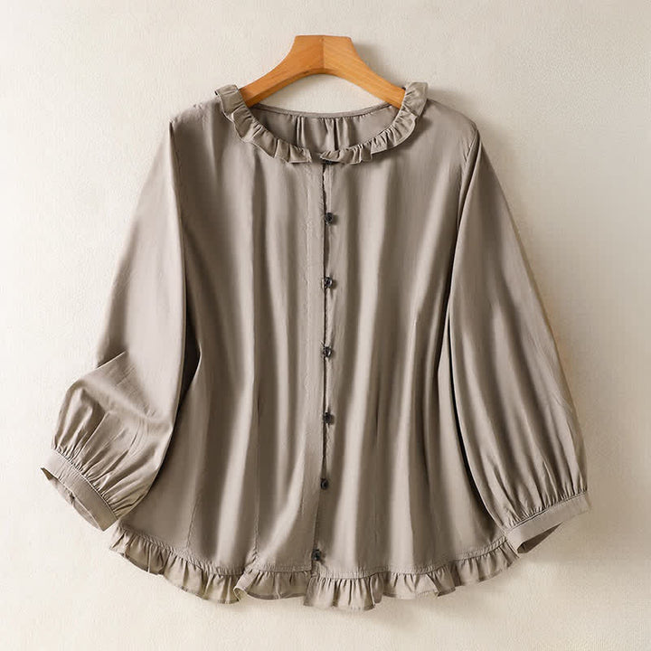 Buddha Stones Camisa de manga larga para mujer, estilo casual veraniego, vintage, con botones, cuello redondo y volantes. - Marrón rosado - US12, UK/AU16, EU44 (2XL) - image 8