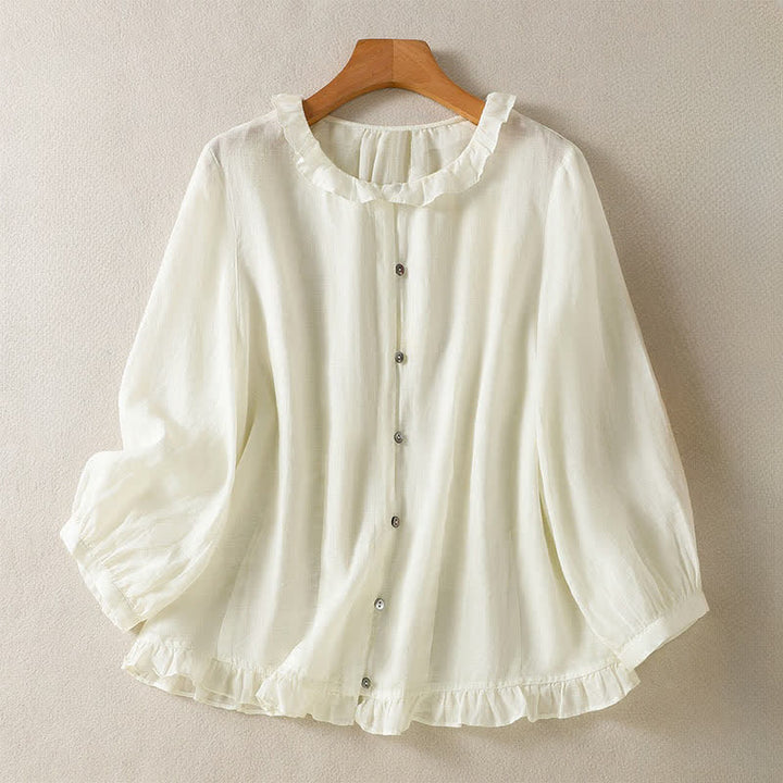 Buddha Stones Camisa de manga larga para mujer, estilo casual veraniego, vintage, con botones, cuello redondo y volantes. - Blanco antiguo - US12, UK/AU16, EU44 (2XL) - image 16