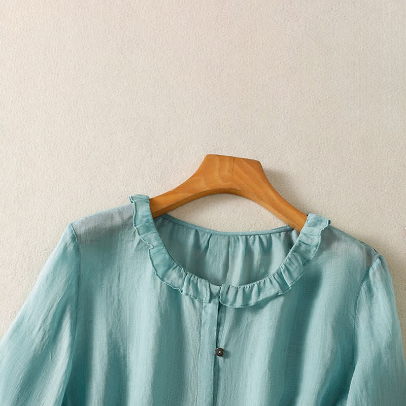 Buddha Stones Camisa de manga larga para mujer, estilo casual veraniego, vintage, con botones, cuello redondo y volantes. - image 2