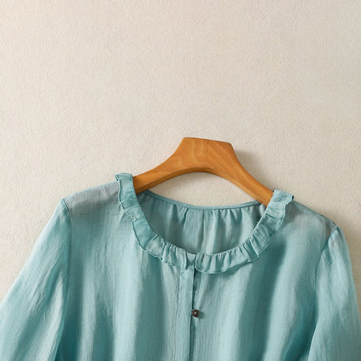 Buddha Stones Camisa de manga larga para mujer, estilo casual veraniego, vintage, con botones, cuello redondo y volantes. - image 2