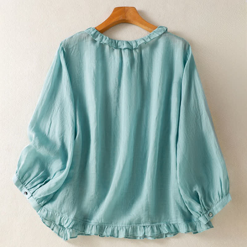 Buddha Stones Camisa de manga larga para mujer, estilo casual veraniego, vintage, con botones, cuello redondo y volantes. - image 1