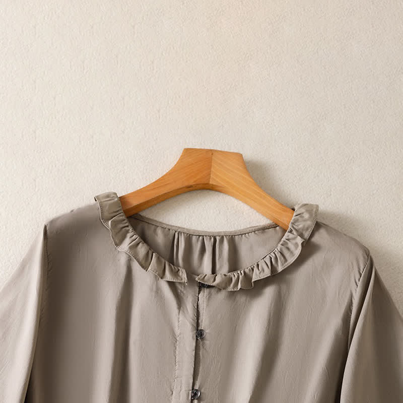 Buddha Stones Camisa de manga larga para mujer, estilo casual veraniego, vintage, con botones, cuello redondo y volantes. - image 10