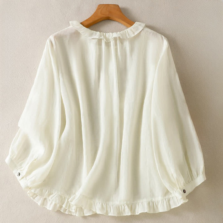 Buddha Stones Camisa de manga larga para mujer, estilo casual veraniego, vintage, con botones, cuello redondo y volantes. - image 17