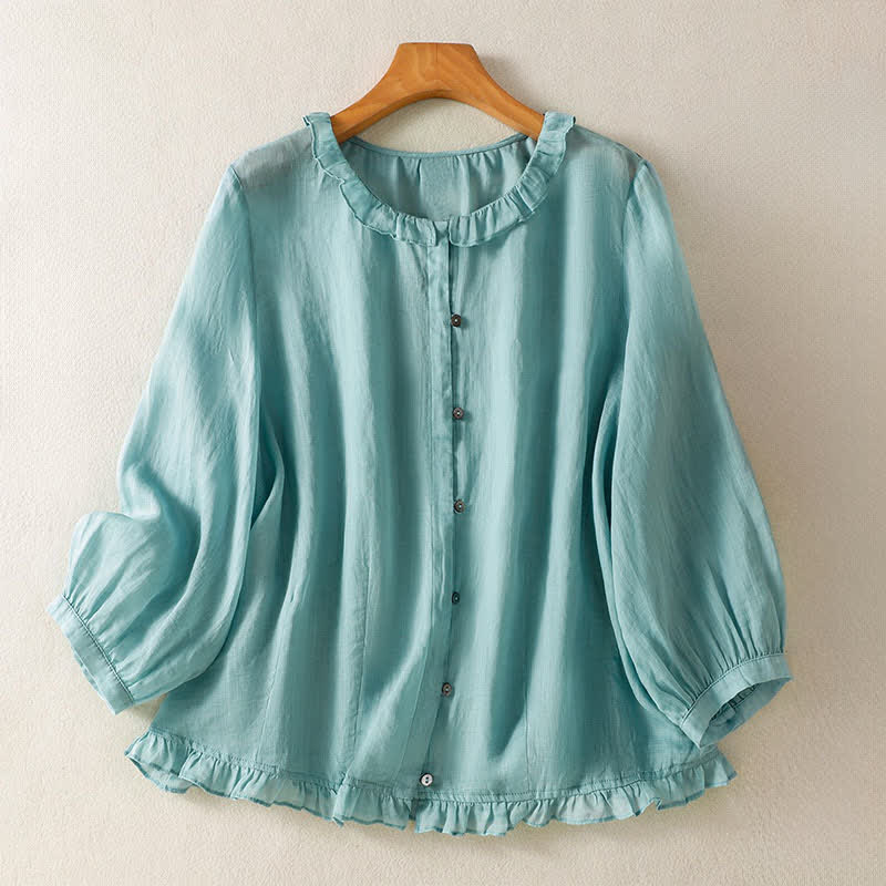 Buddha Stones Camisa de manga larga para mujer, estilo casual veraniego, vintage, con botones, cuello redondo y volantes. - Azul claro - US12, UK/AU16, EU44 (2XL) - image 0