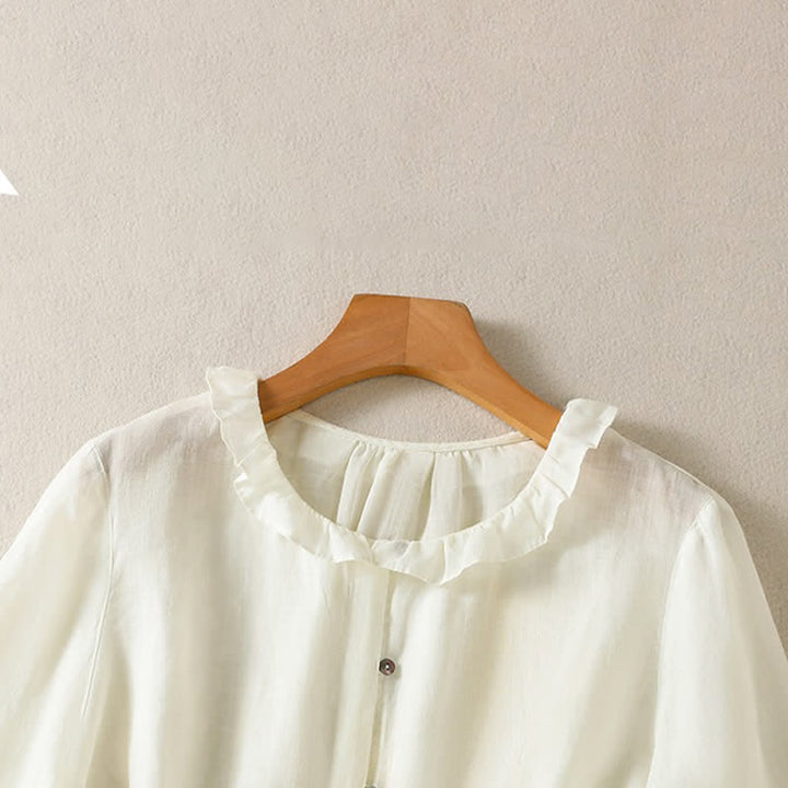 Buddha Stones Camisa de manga larga para mujer, estilo casual veraniego, vintage, con botones, cuello redondo y volantes. - image 18