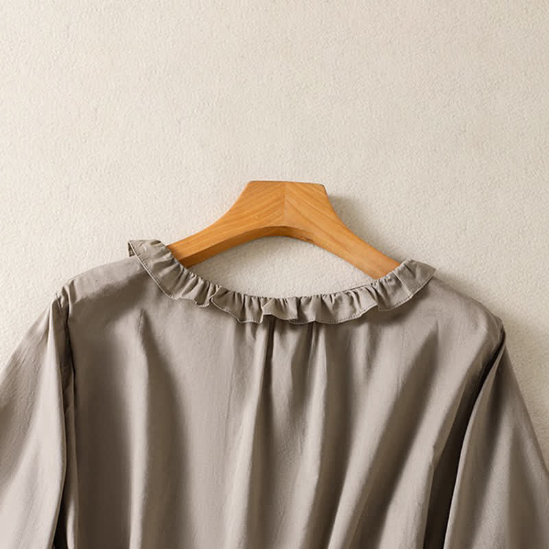 Buddha Stones Camisa de manga larga para mujer, estilo casual veraniego, vintage, con botones, cuello redondo y volantes. - image 11