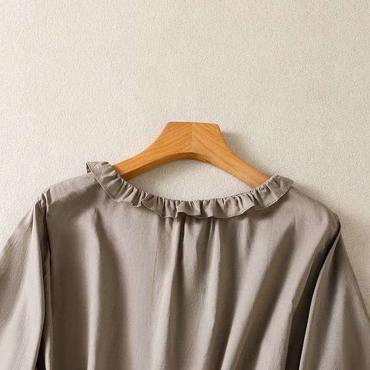 Buddha Stones Camisa de manga larga para mujer, estilo casual veraniego, vintage, con botones, cuello redondo y volantes. - image 11
