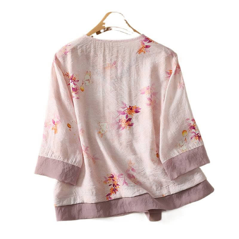 Buddha Stones Camiseta de manga tres cuartos para mujer con cuello en V y bordado floral estilo Tang vintage de verano - image 1