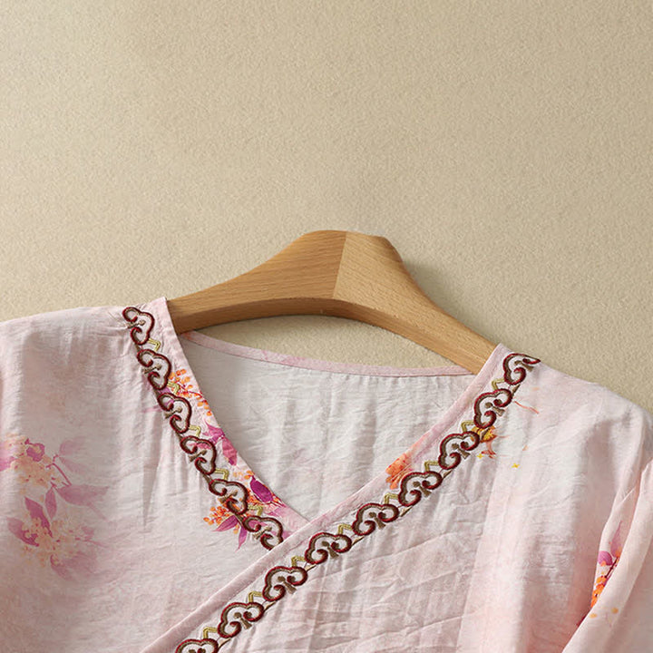 Buddha Stones Camiseta de manga tres cuartos para mujer con cuello en V y bordado floral estilo Tang vintage de verano - image 2