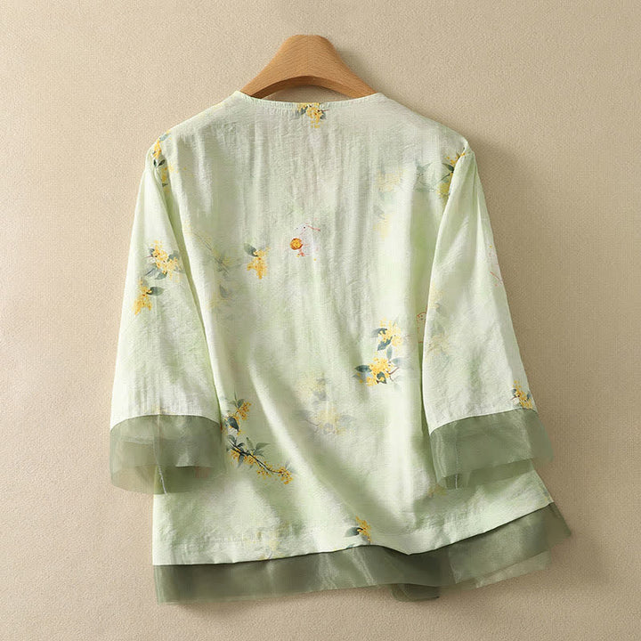 Buddha Stones Camiseta de manga tres cuartos para mujer con cuello en V y bordado floral estilo Tang vintage de verano - image 10