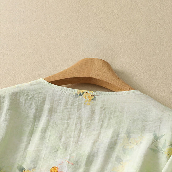 Buddha Stones Camiseta de manga tres cuartos para mujer con cuello en V y bordado floral estilo Tang vintage de verano - image 12