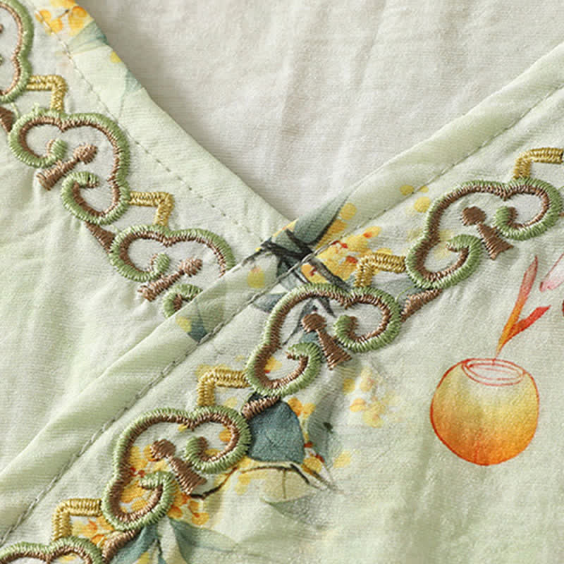 Buddha Stones Camiseta de manga tres cuartos para mujer con cuello en V y bordado floral estilo Tang vintage de verano - image 13
