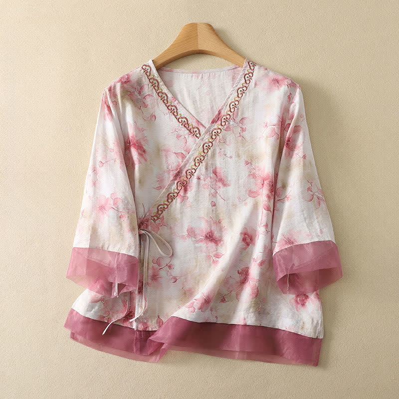 Buddha Stones Camiseta de manga tres cuartos para mujer con cuello en V y bordado floral estilo Tang vintage de verano - Rosa Misty - US8-10, UK/AU12-14, EU40-42 (2XL) - image 17