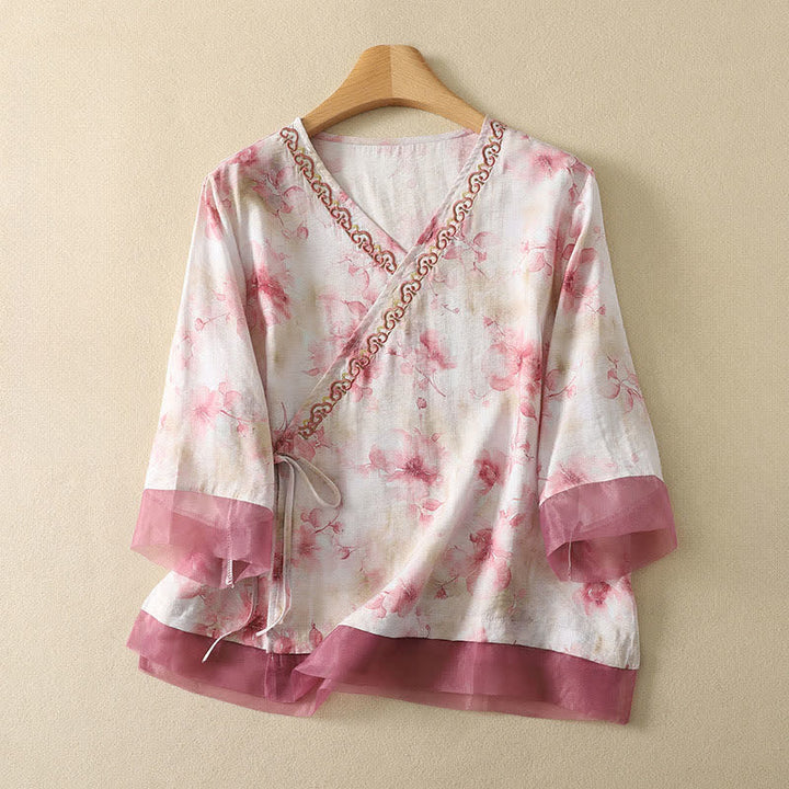 Buddha Stones Camiseta de manga tres cuartos para mujer con cuello en V y bordado floral estilo Tang vintage de verano - Rosa Misty - US8-10, UK/AU12-14, EU40-42 (2XL) - image 17