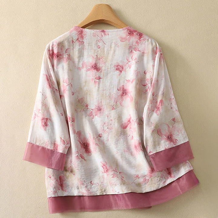 Buddha Stones Camiseta de manga tres cuartos para mujer con cuello en V y bordado floral estilo Tang vintage de verano - image 18