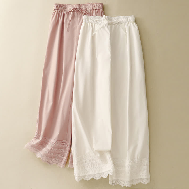 Buddha Stones Pantalones tobilleros elegantes e informales de verano con cordón ajustable y dobladillo ribeteado de encaje para mujer. - image 15