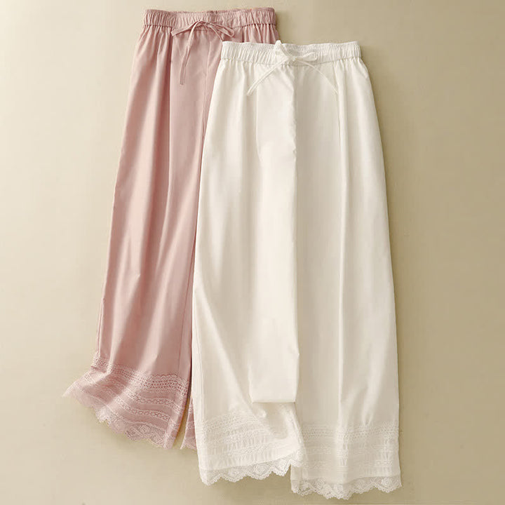 Buddha Stones Pantalones tobilleros elegantes e informales de verano con cordón ajustable y dobladillo ribeteado de encaje para mujer. - image 15