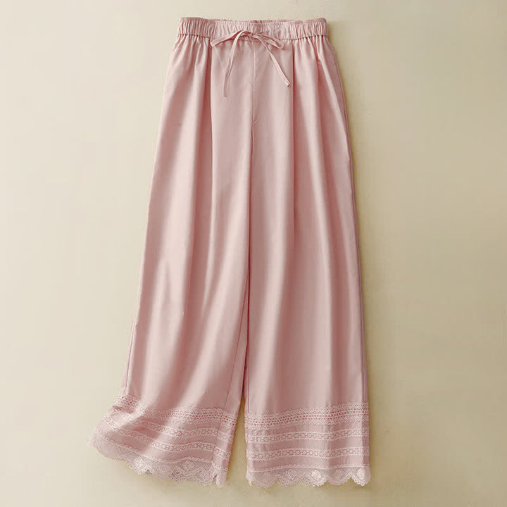 Buddha Stones Pantalones tobilleros elegantes e informales de verano con cordón ajustable y dobladillo ribeteado de encaje para mujer. - rosa claro - US8-10, UK/AU12-14, EU40-42 (2XL) - image 0