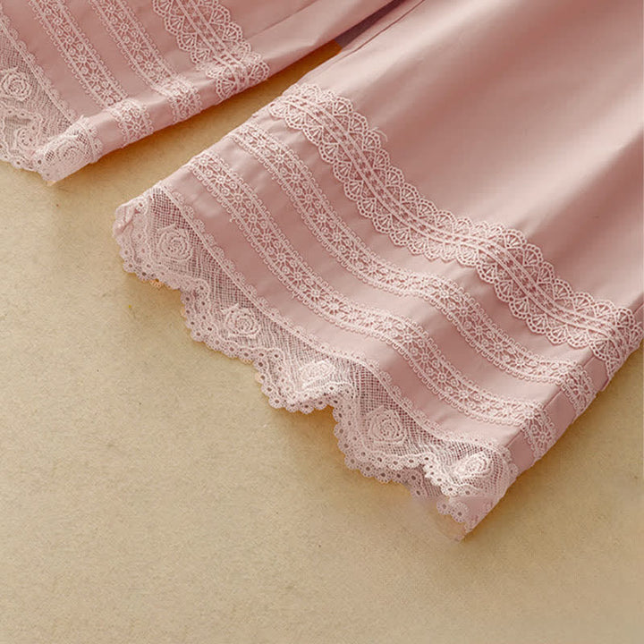 Buddha Stones Pantalones tobilleros elegantes e informales de verano con cordón ajustable y dobladillo ribeteado de encaje para mujer. - image 7