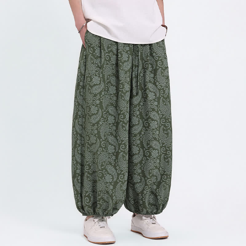 Buddha Stones Pantalones capri de verano estilo boho casual con cordón y estampado paisley para hombre, estilo harem con bolsillo. - image 1